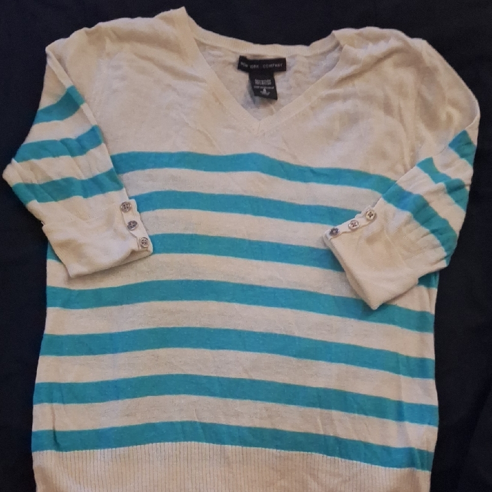 New York & Company Teal and White Striped V-Neck Sweater